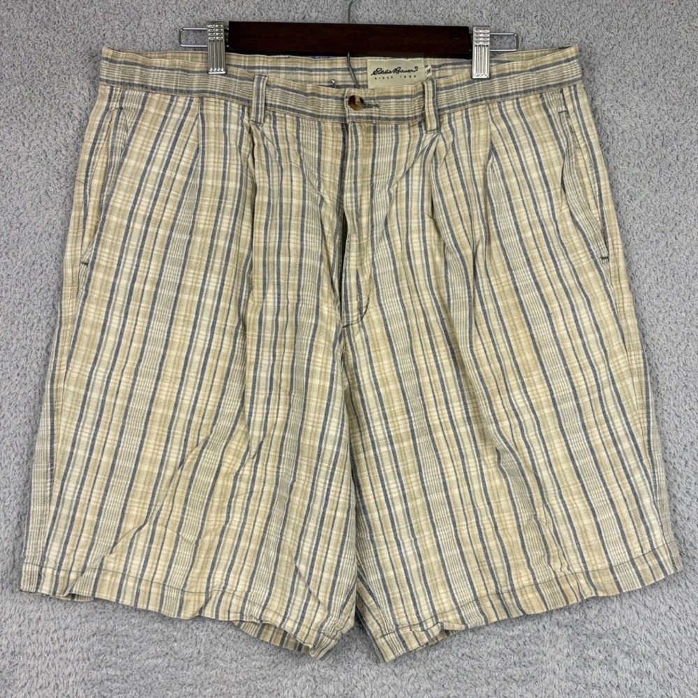 Eddie Bauer Shorts Mens 38 Beige Striped Linen Blend Pleated Coastal Summer